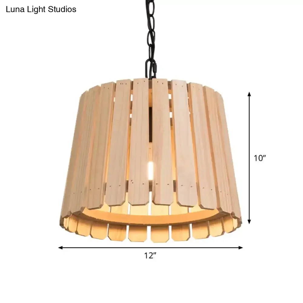 Rustic Hollowed Barrel Wood Pendant Lamp with Chain - Perfect for Hanging over Tables