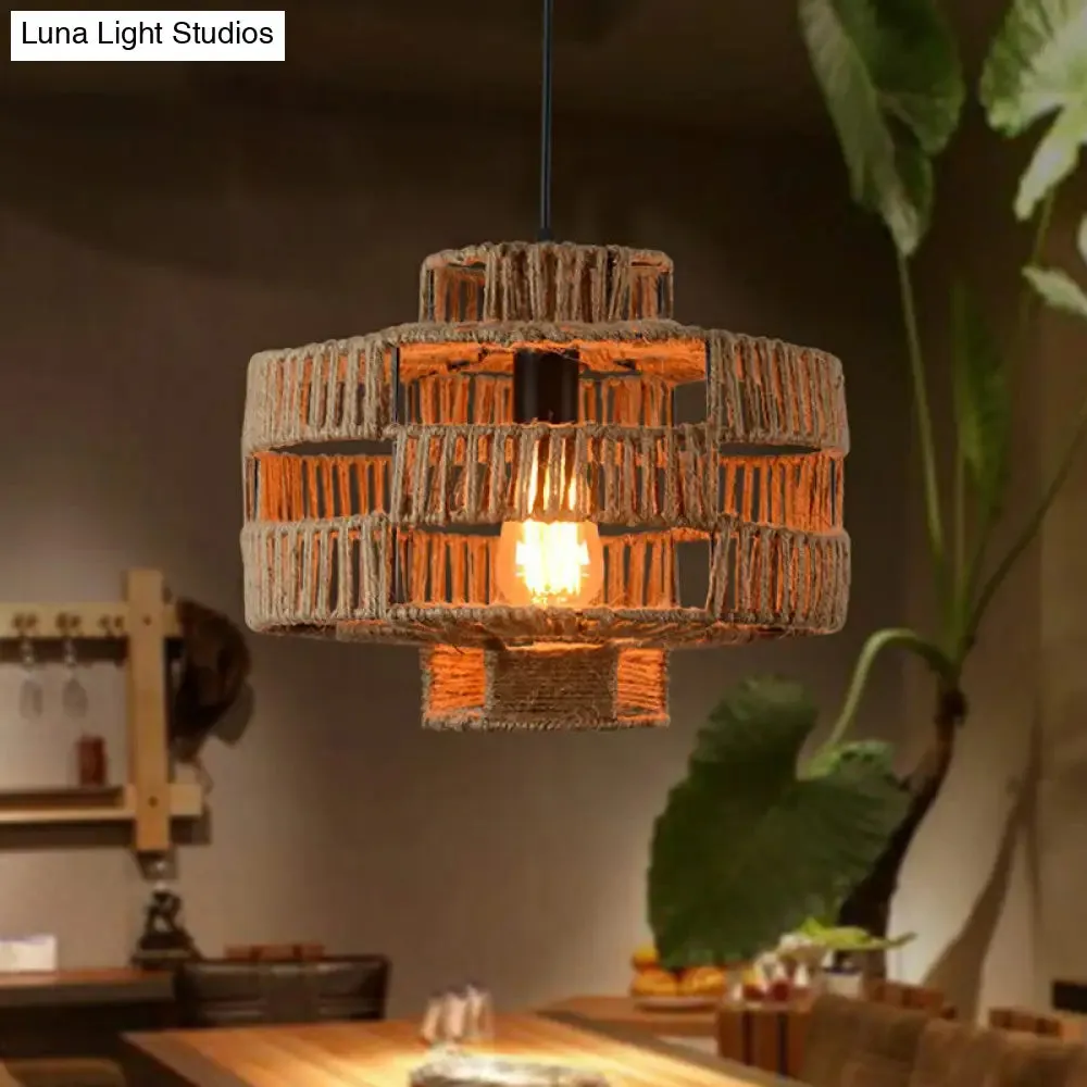 Rustic Industrial Hemp Rope Pendant Lighting - Brown