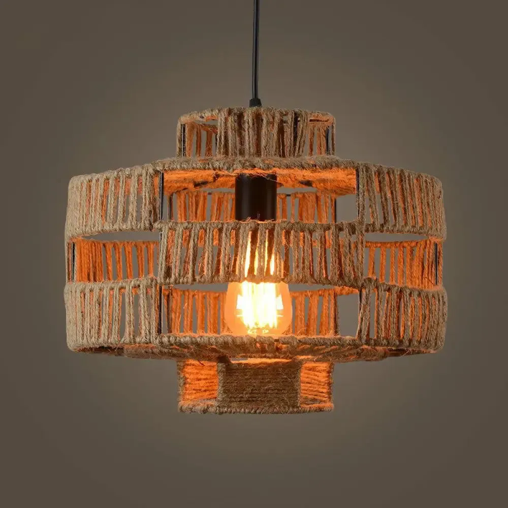 Rustic Industrial Hemp Rope Pendant Lighting - Brown