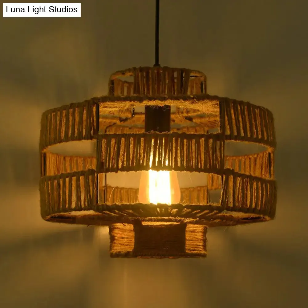 Rustic Industrial Hemp Rope Pendant Lighting - Brown