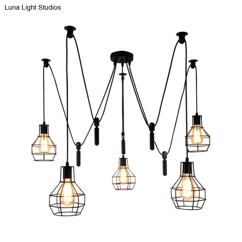 Rustic Iron 5-Light Black Pulley Swag Pendant - Ball-Shape Multi Ceiling Light for Restaurants