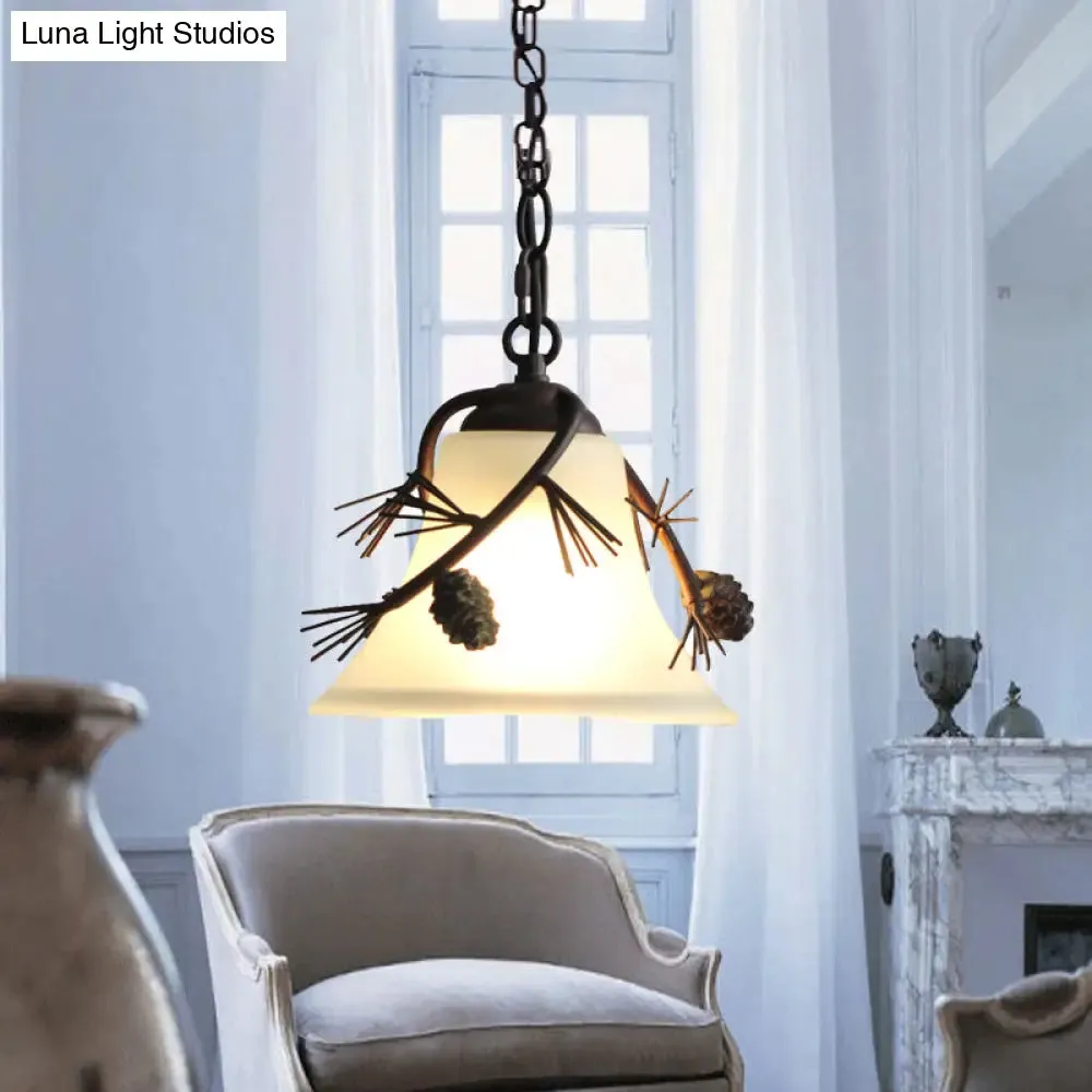 Rustic Milk Glass Bell Pendant Light - Bronze with Pine Decoration