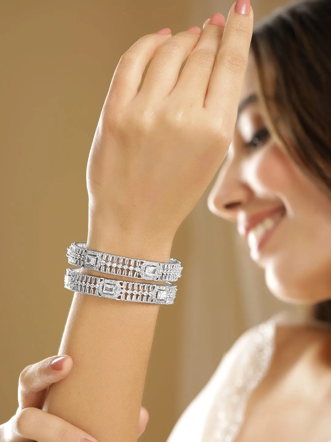 Set of 2 Rhodium-Plated Cubic Zirconia Studded Designer Bangles