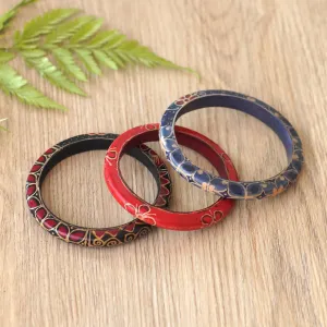 Set of 3 Colorful Floral Batik Wadang Wood Bangle Bracelets - Spring Trinity | NOVICA