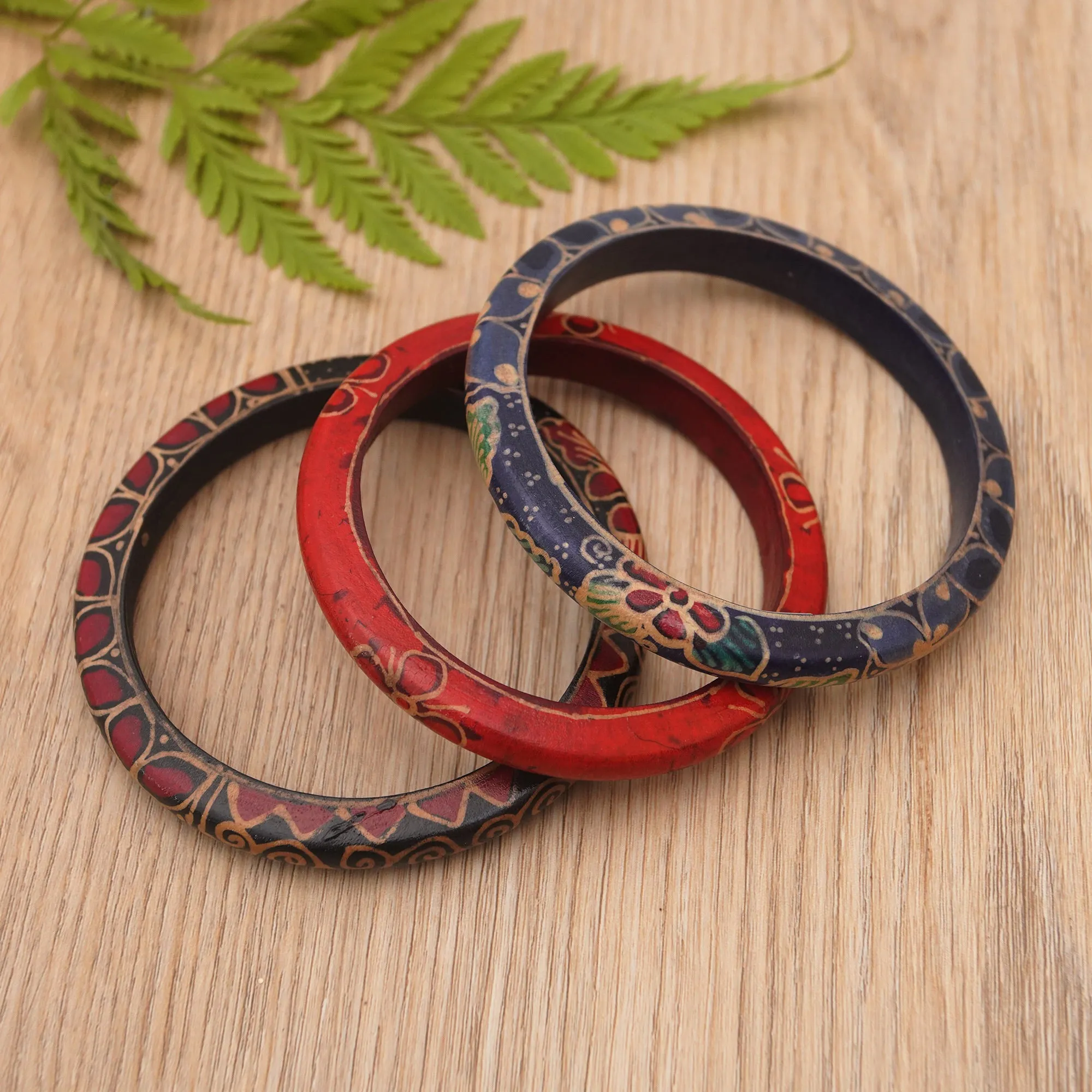 Set of 3 Colorful Floral Batik Wadang Wood Bangle Bracelets - Spring Trinity | NOVICA