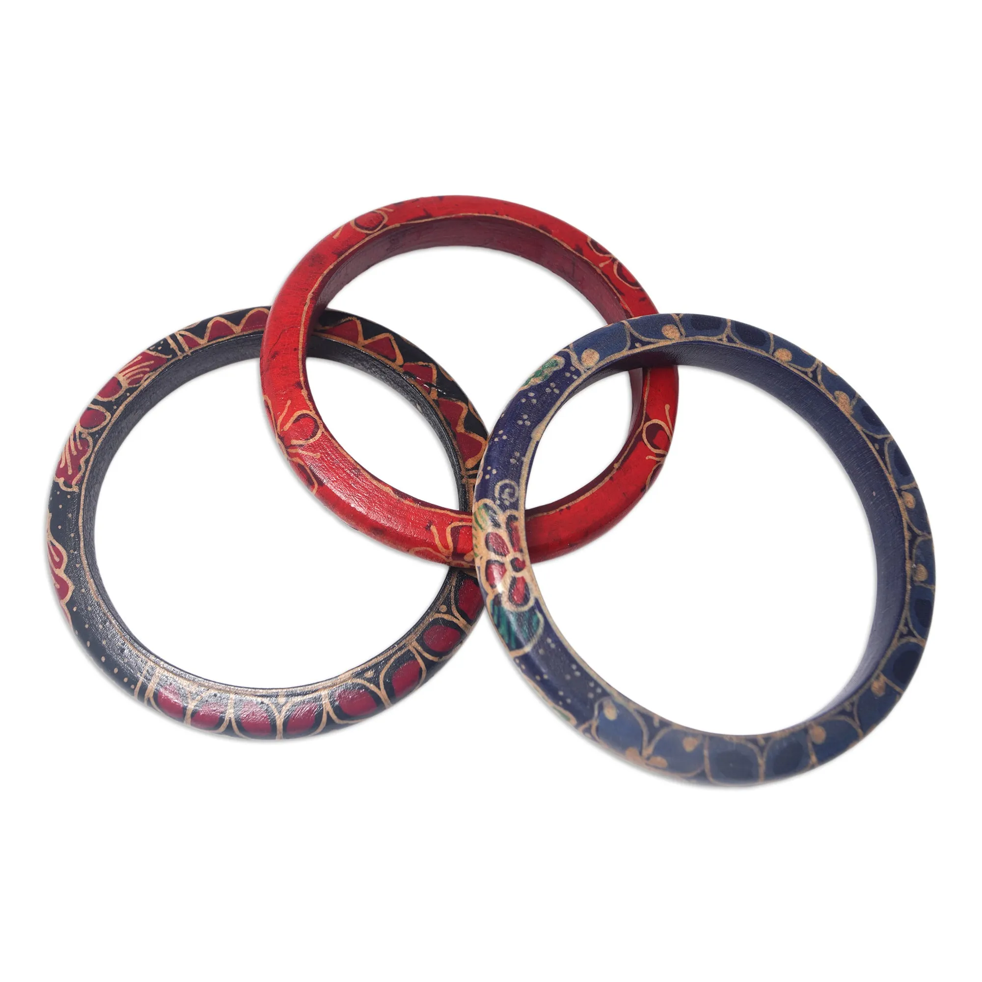 Set of 3 Colorful Floral Batik Wadang Wood Bangle Bracelets - Spring Trinity | NOVICA