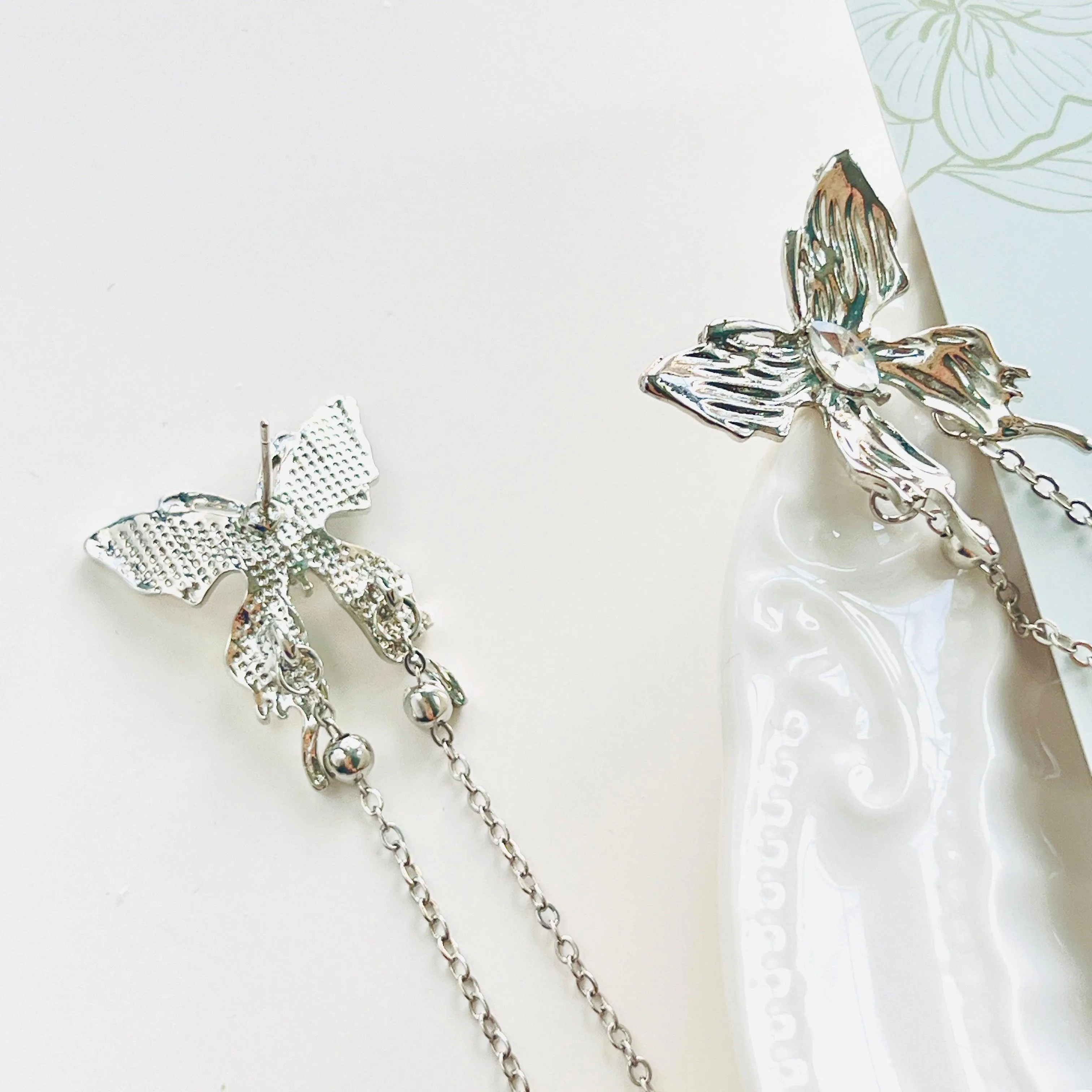 Silvery Butterfly Long Tassel Earrings