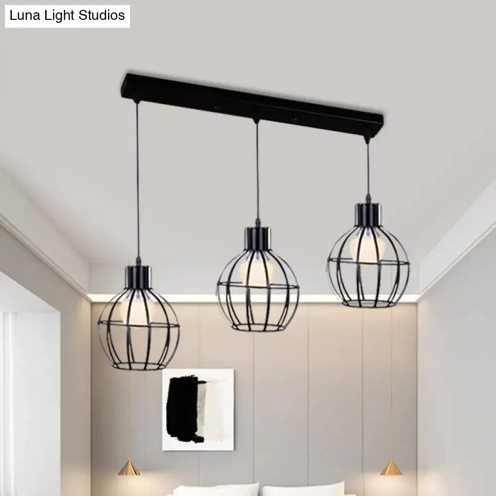 Sleek Vintage Black Metallic Ceiling Lamp - Global Suspended Light with Cage Shade