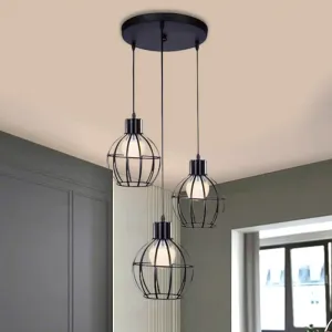 Sleek Vintage Black Metallic Ceiling Lamp - Global Suspended Light with Cage Shade