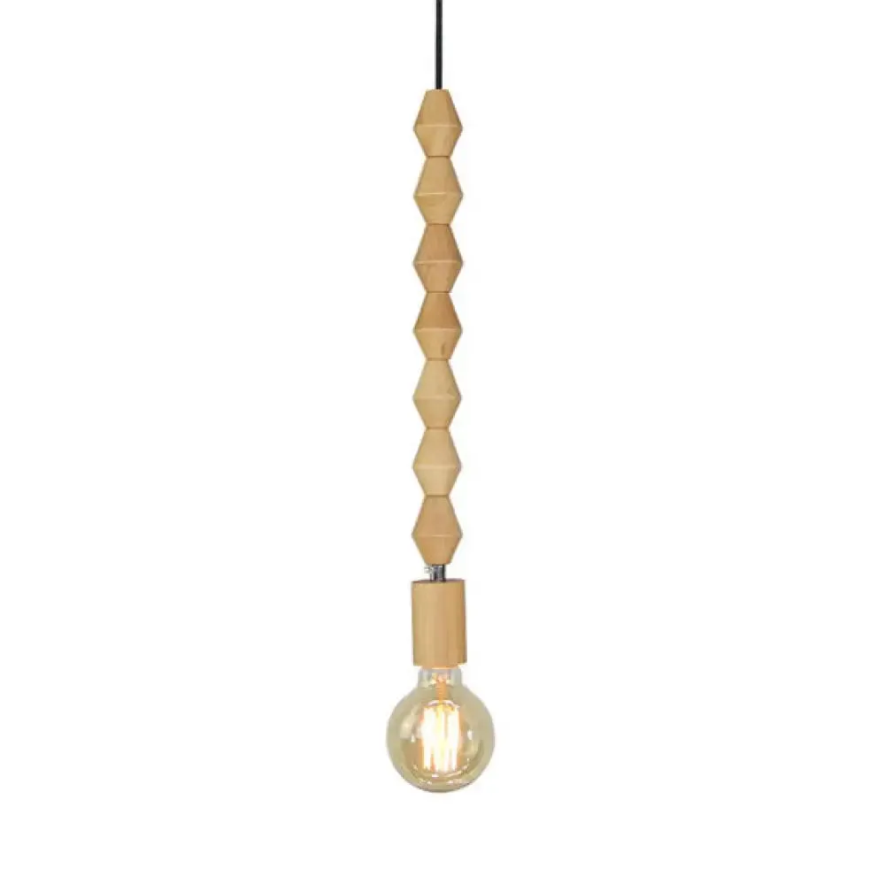 Spherical Bead Wood Hanging Lamp - Lodge Style Bedside Pendant Light with Bare Bulb - 12.5"/14" Height