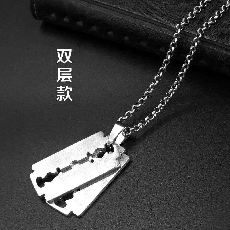 Stainless Steel Dull Brushed Razor Blaze Charm Pendant Necklace With SS Chain 60CM