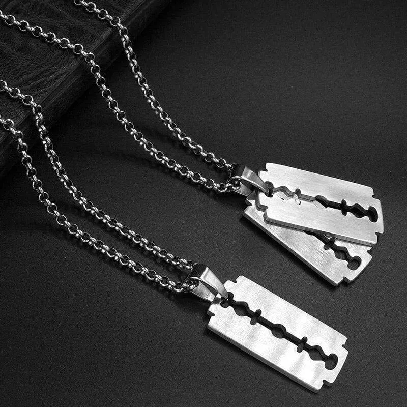 Stainless Steel Dull Brushed Razor Blaze Charm Pendant Necklace With SS Chain 60CM