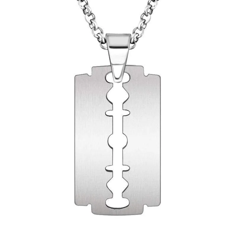 Stainless Steel Dull Brushed Razor Blaze Charm Pendant Necklace With SS Chain 60CM