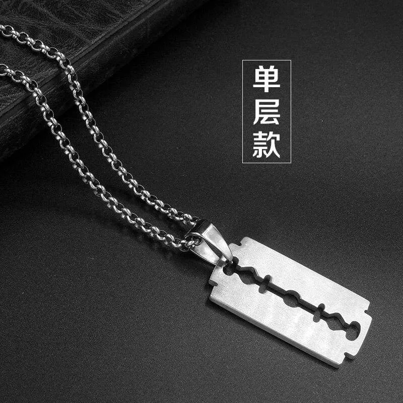 Stainless Steel Dull Brushed Razor Blaze Charm Pendant Necklace With SS Chain 60CM