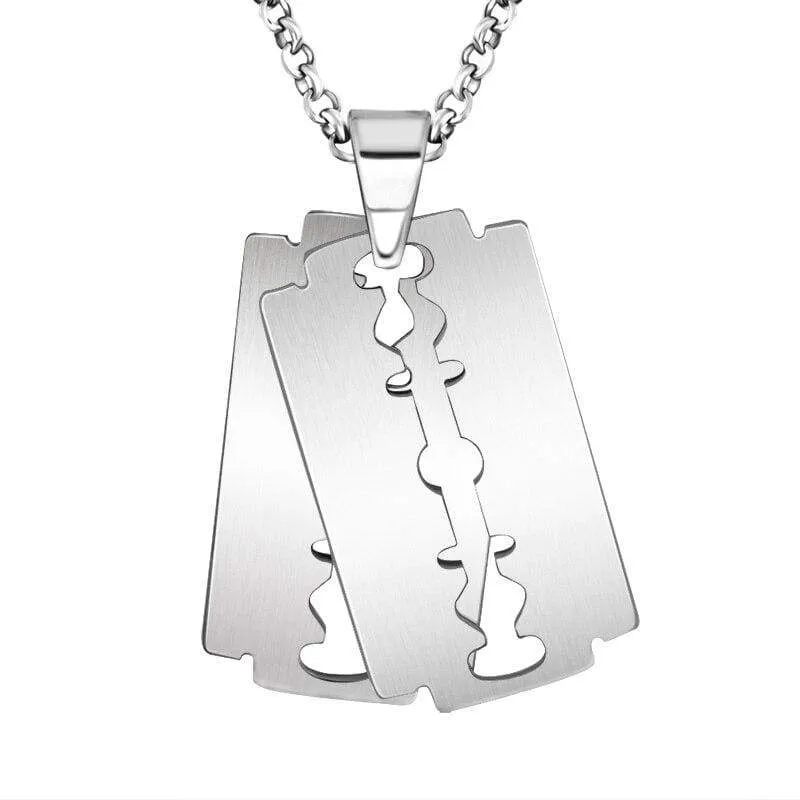 Stainless Steel Dull Brushed Razor Blaze Charm Pendant Necklace With SS Chain 60CM