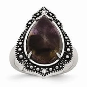 Stainless Steel Polished & Antiqued Amethyst Teardrop Polished Ring