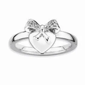 Sterling Silver Heart with Bow Diamond Ring