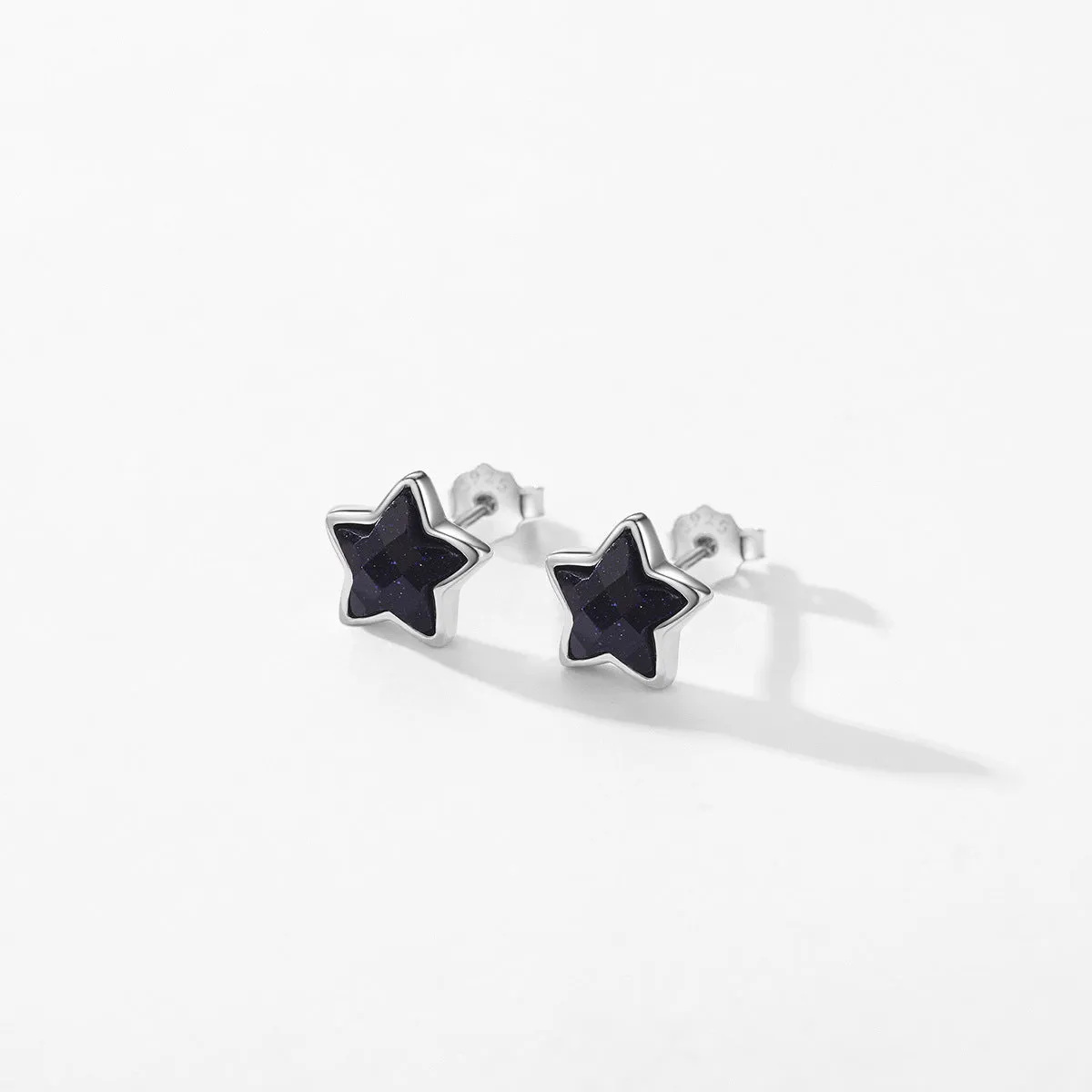 Sterling Silver Obsidian Star Stud Earrings for Women - Japanese and Korean Inspired