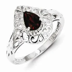 Sterling Silver w/Rhodium Plated Garnet Teardrop Ring