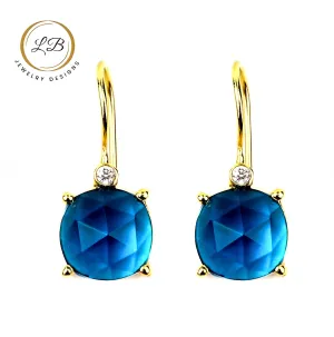 Swiss Blue Topaz Gold Dangle Earrings 1.5”