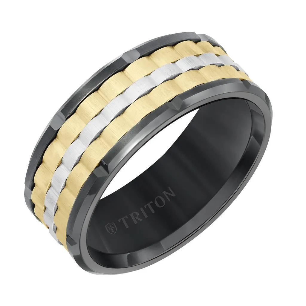 TREY Black Tungsten Tri-Color Basket Weave Wedding Band with Polished Edges & Cut Accents by Triton Rings - 9mm