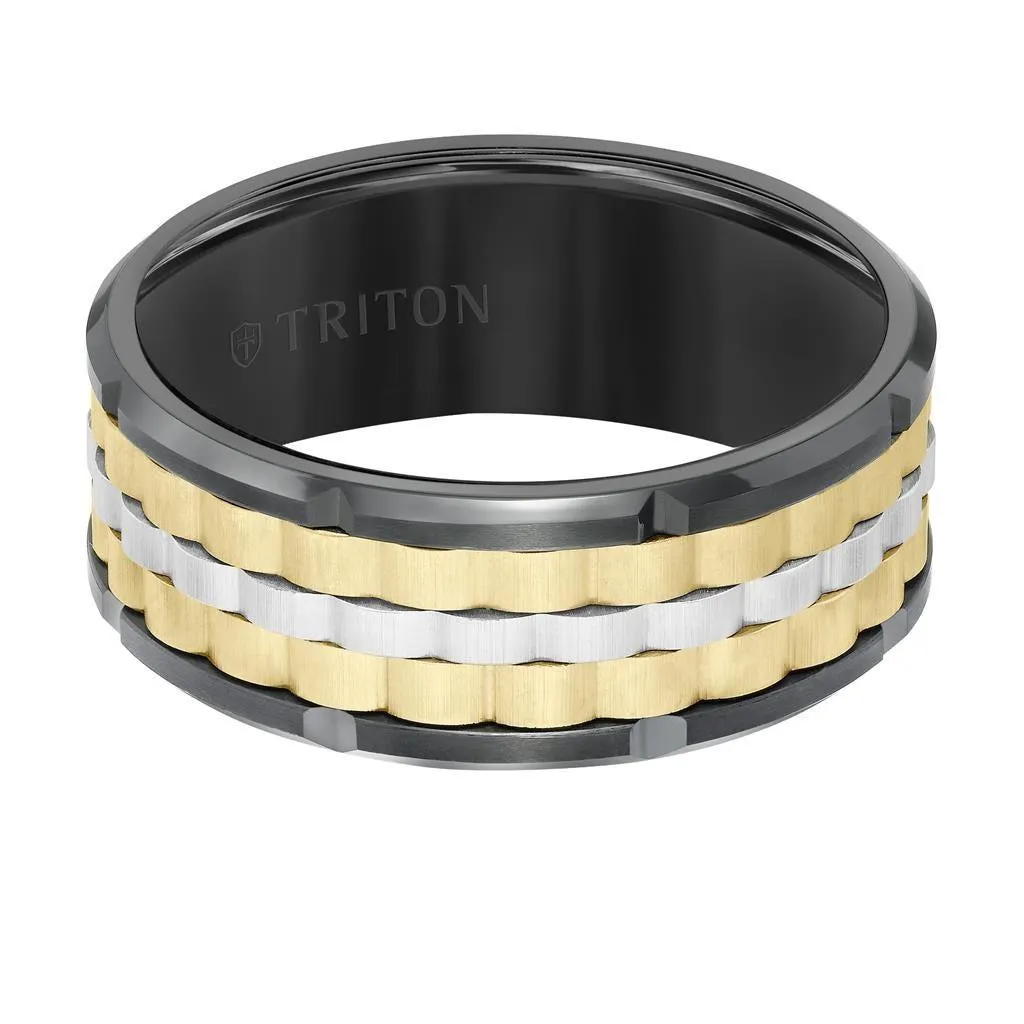 TREY Black Tungsten Tri-Color Basket Weave Wedding Band with Polished Edges & Cut Accents by Triton Rings - 9mm