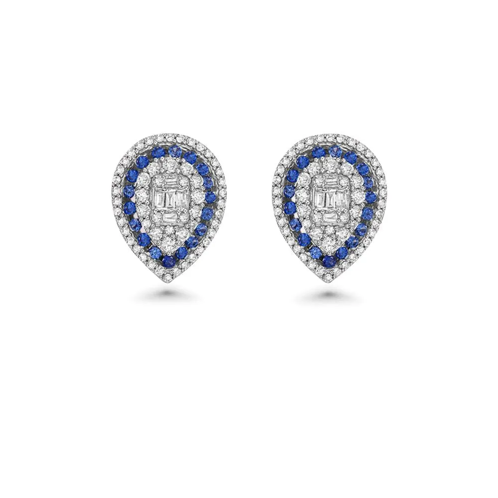 Triple Halo Diamond & Sapphires Pear Shape Studs Earrings (1.00 ct.) 14K Gold