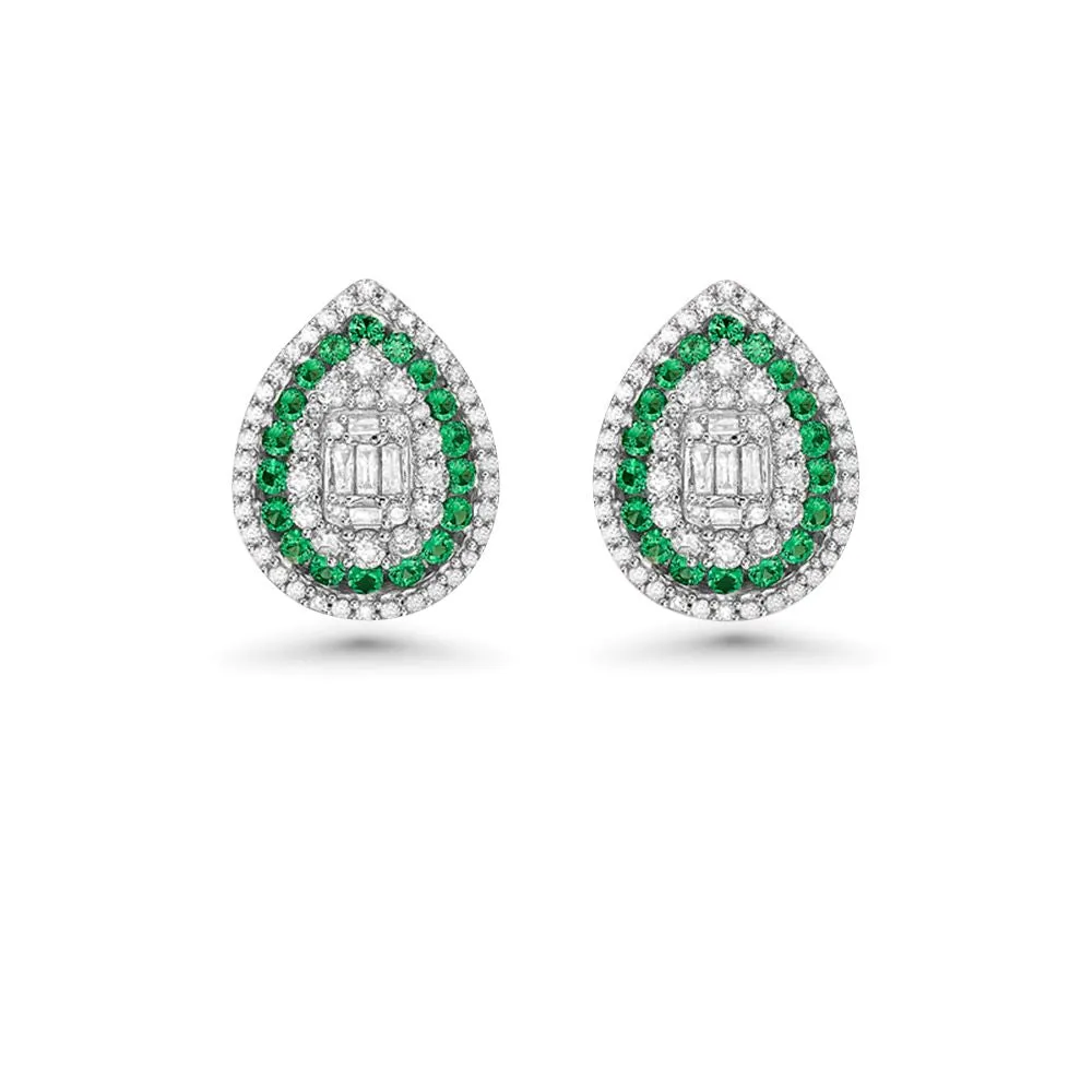 Triple Halo Diamonds & Emeralds Pear Shape Studs Earrings (1.00 ct.)  in 14K Gold