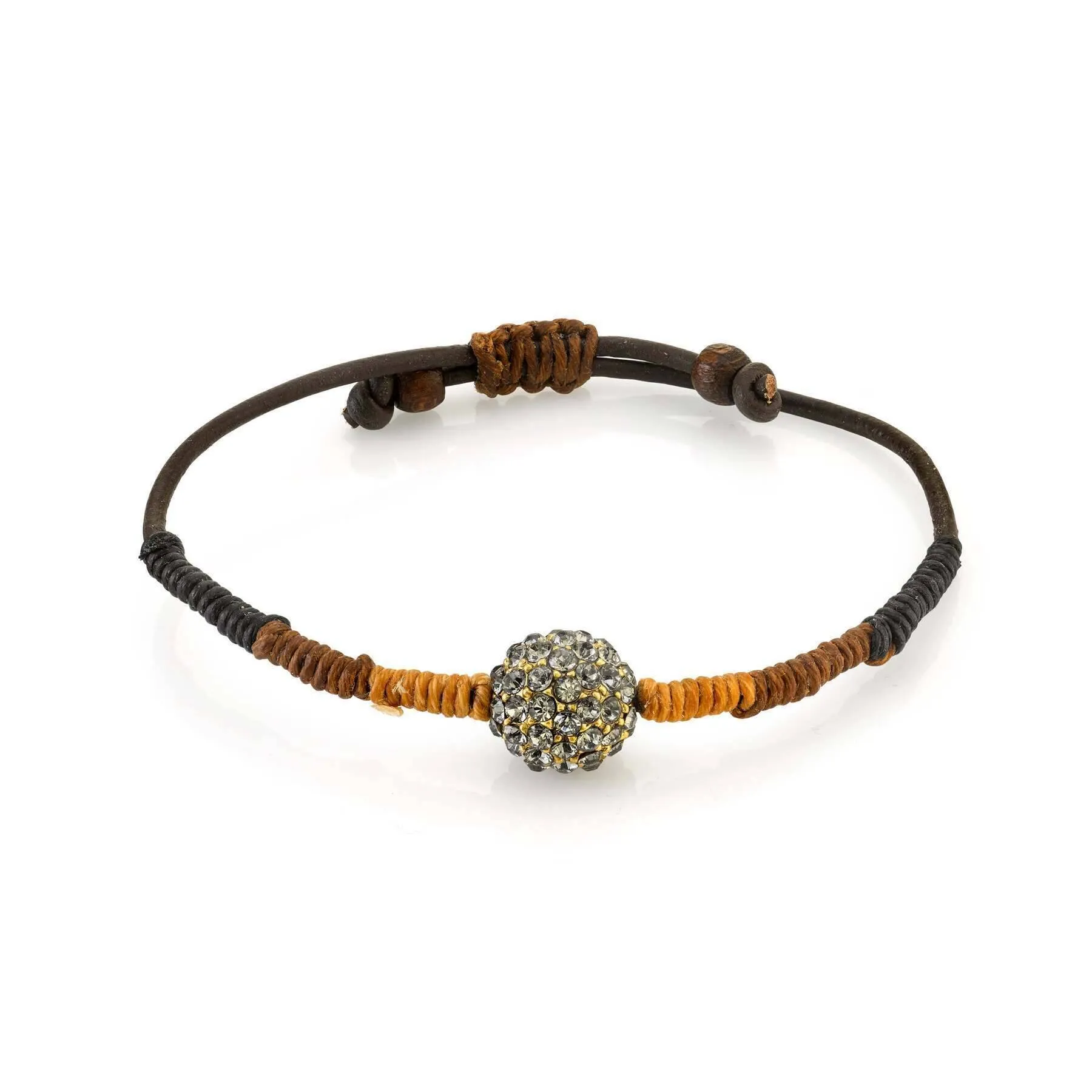 T.R.U. Black Diamond Fireball Crystal Brown Leather Cord Linen Wrapped Bracelet