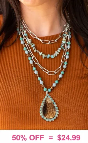 Turquoise Layered Necklace with cow hide pendant