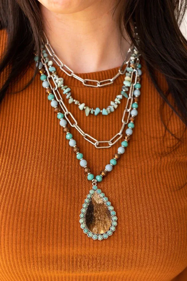 Turquoise Layered Necklace with cow hide pendant