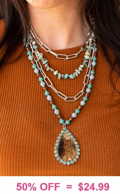 Turquoise Layered Necklace with cow hide pendant