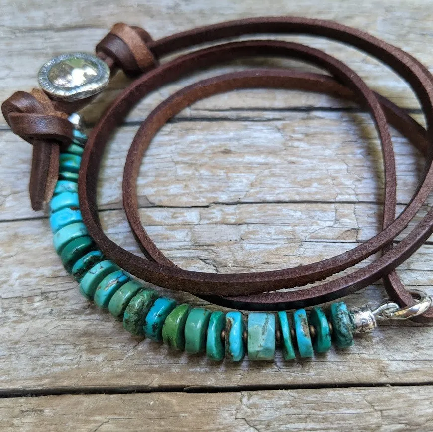 Turquoise Leather Wrap Button Bracelet - Men's/Unisex