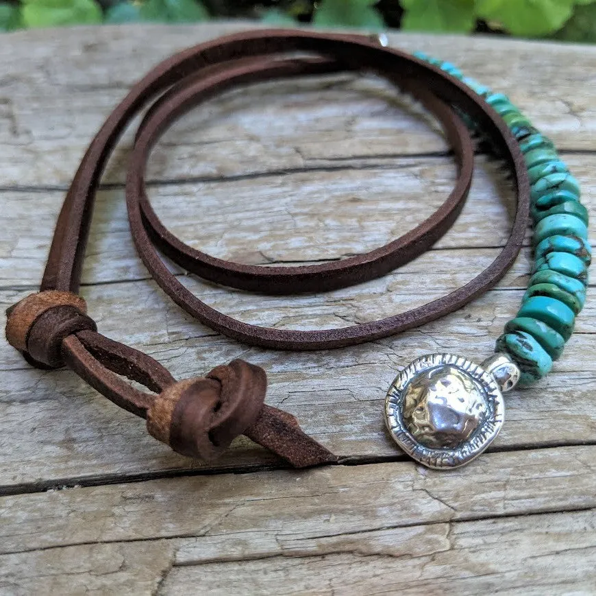 Turquoise Leather Wrap Button Bracelet - Men's/Unisex