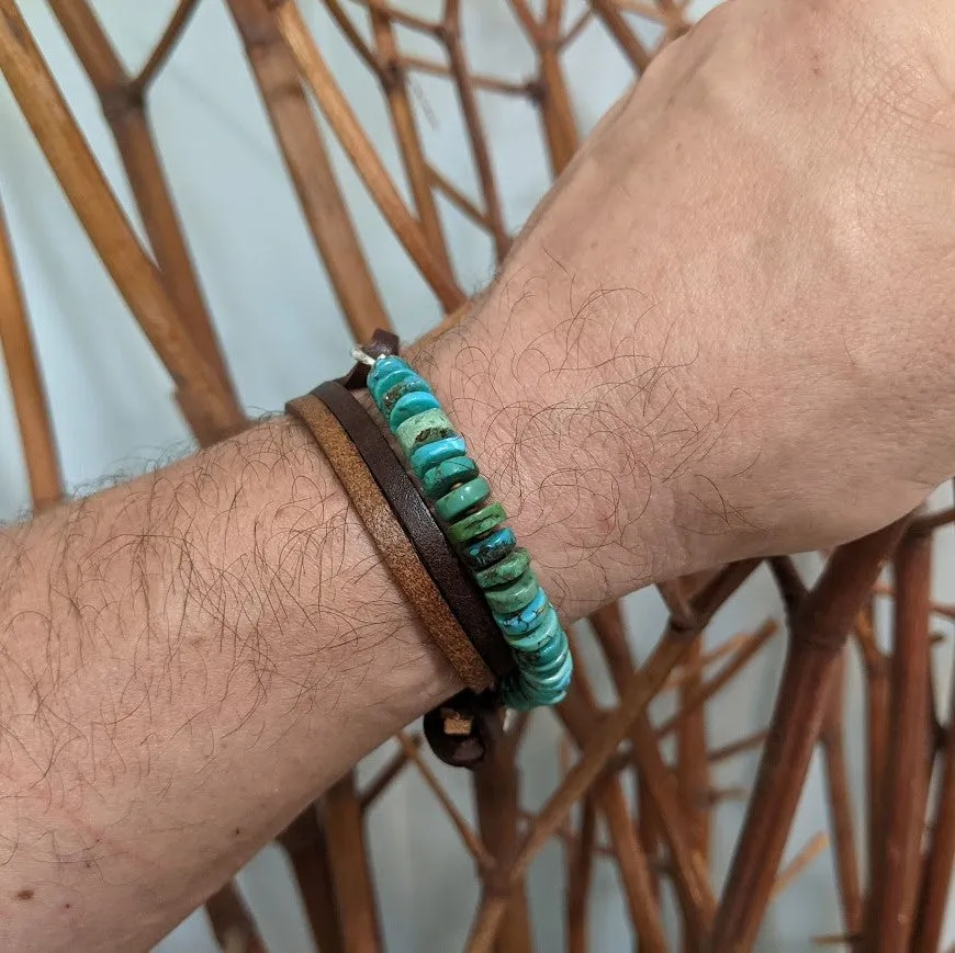 Turquoise Leather Wrap Button Bracelet - Men's/Unisex