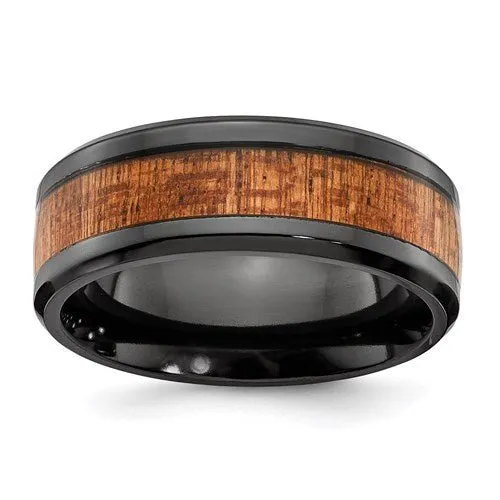 Unique Black Zirconium Polished With Wood Inlay Mens Ring