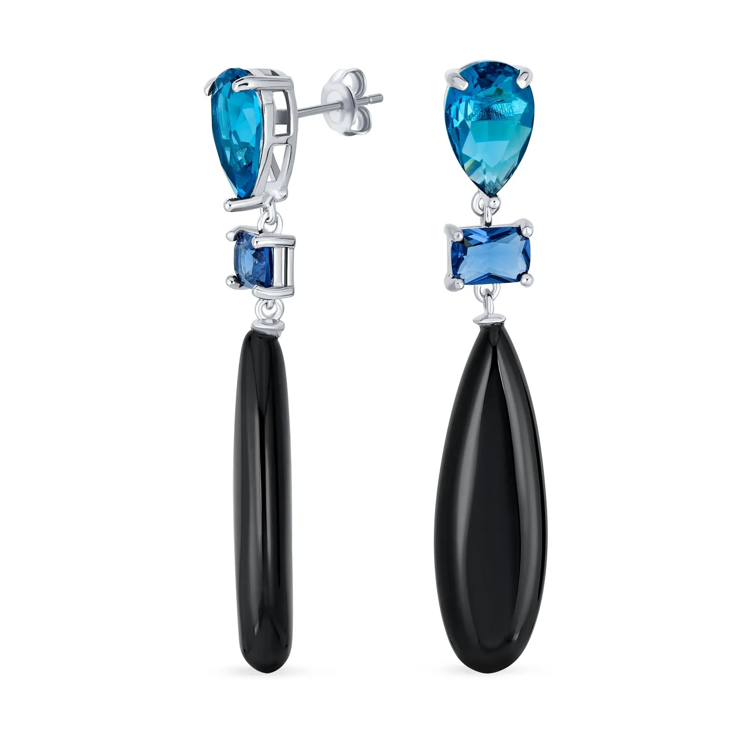 Unique Geometric Dangle Chandelier Earrings with Black Onyx & Blue CZ in Gold