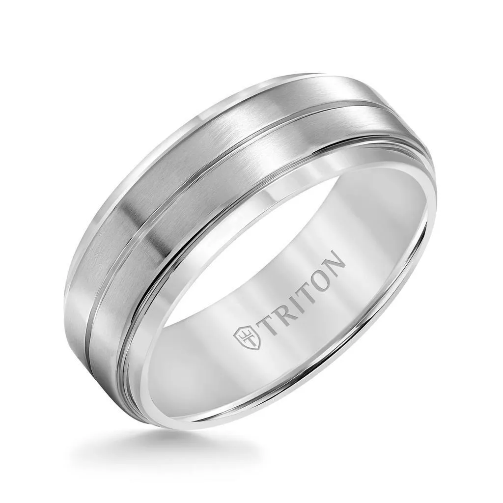 VAUGHAN Satin Finished Raised Center Titanium Comfort Fit Wedding Band with Horizontal Center Groove and Polished Step Edges by Triton Rings - 8 mm