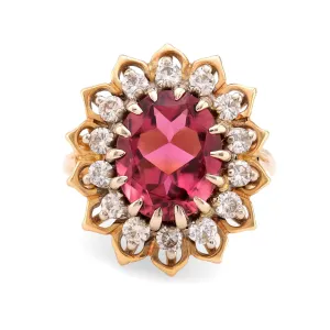 Vintage 3.30 carat pink tourmaline diamond 14k yellow gold cluster ring