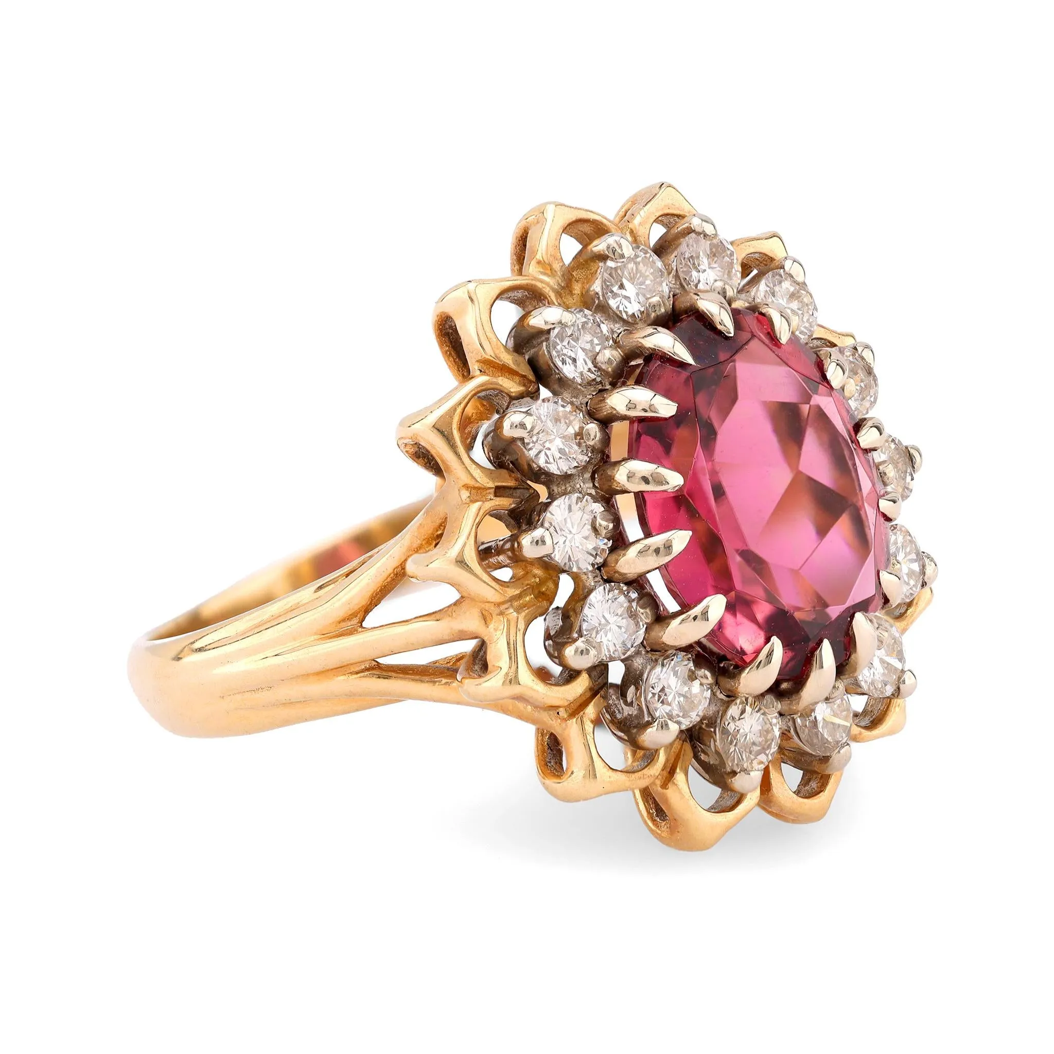 Vintage 3.30 carat pink tourmaline diamond 14k yellow gold cluster ring