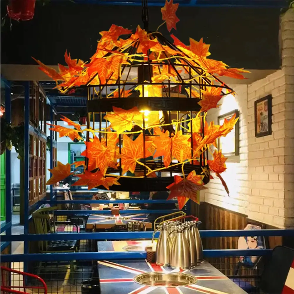 Vintage Black Metal LED Pendant Ceiling Hanging Fixture with Maple Leaf – Ideal for Restaurants