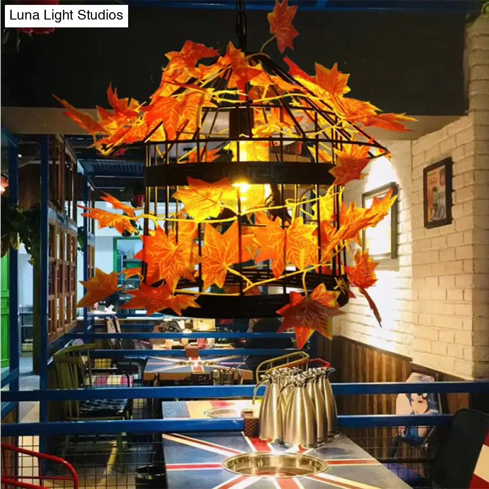 Vintage Black Metal LED Pendant Ceiling Hanging Fixture with Maple Leaf – Ideal for Restaurants