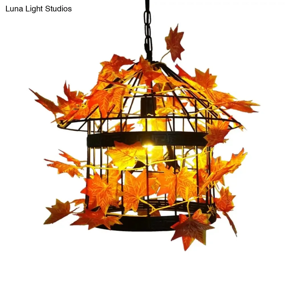 Vintage Black Metal LED Pendant Ceiling Hanging Fixture with Maple Leaf – Ideal for Restaurants