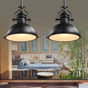 Vintage Black Metal Pendant Light with Frosted Glass Cover