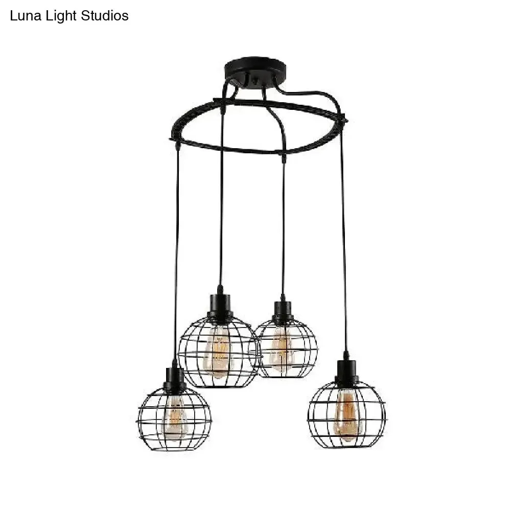 Vintage Black Wire Cage Ceiling Light with Globe Shade, 3/4/5 Head Options