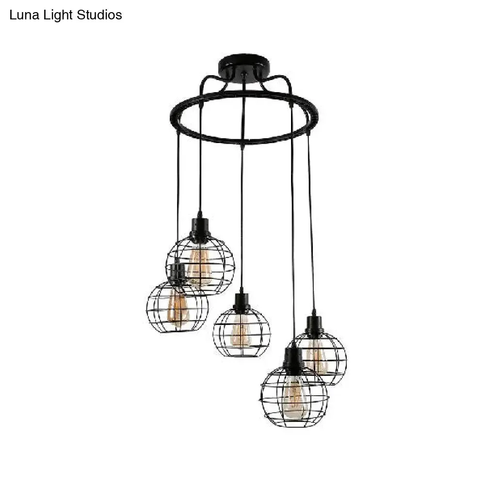 Vintage Black Wire Cage Ceiling Light with Globe Shade, 3/4/5 Head Options