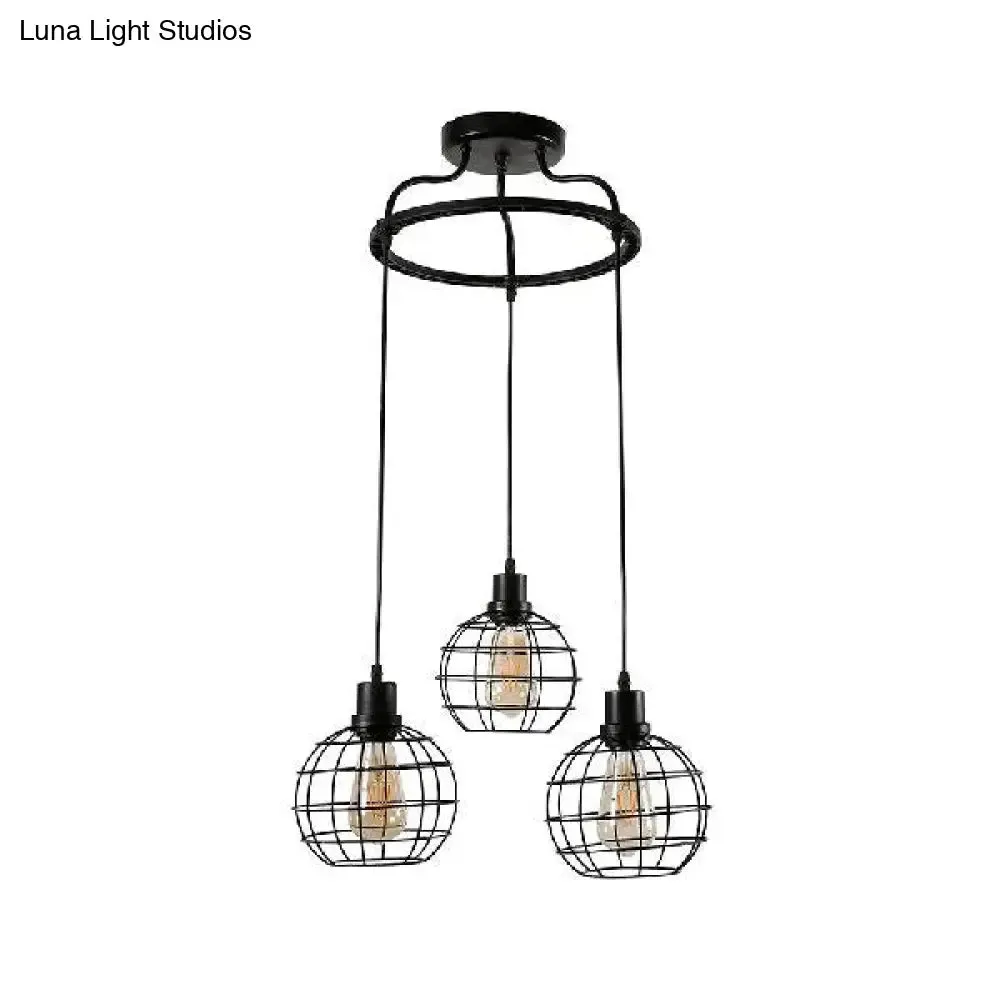 Vintage Black Wire Cage Ceiling Light with Globe Shade, 3/4/5 Head Options