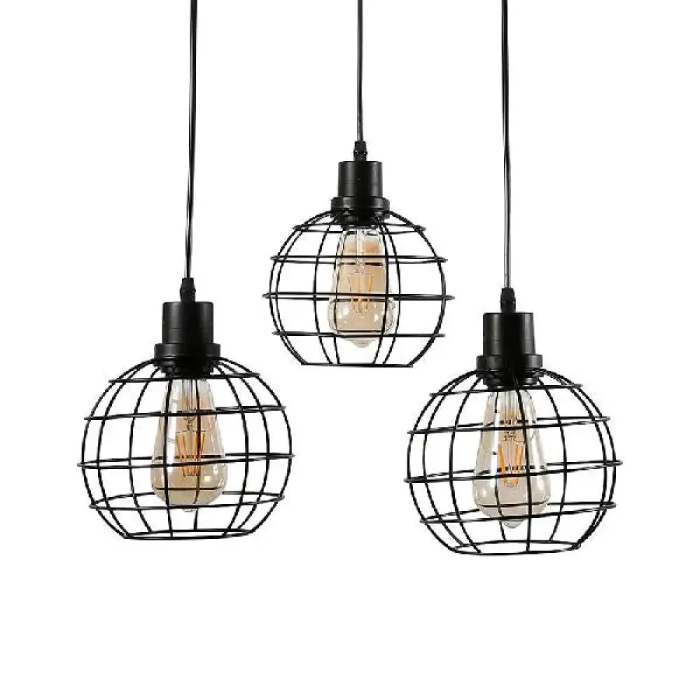 Vintage Black Wire Cage Ceiling Light with Globe Shade, 3/4/5 Head Options