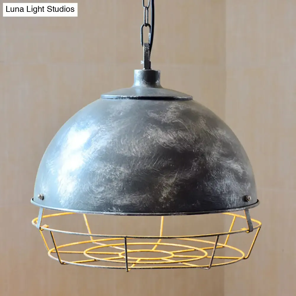 Vintage Dome Pendant Lamp - 1 Head Iron Hanging Light Fixture in Black/Silver for Dining Room