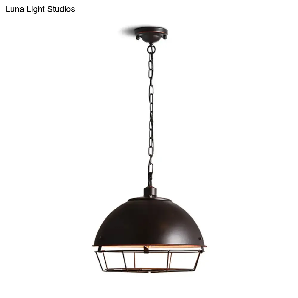 Vintage Dome Pendant Lamp - 1 Head Iron Hanging Light Fixture in Black/Silver for Dining Room